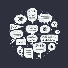 Hand drawn comic bubbles with doodles in a circle