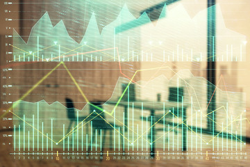 Business theme graph hologram with minimalistic cabinet interior background. Double exposure. Stock...