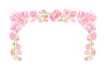 Pink abstract floral watercolor rectangular wreath with pastel color flowers and leaves hand painted in square corner arrangement for greeting text wedding card logo design isolated on white 