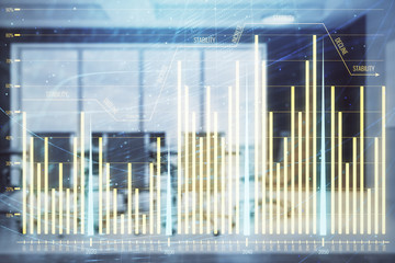 Double exposure of forex chart on conference room background. Concept of stock market analysis