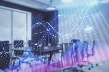 Double exposure of forex chart on conference room background. Concept of stock market analysis
