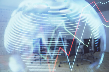 Double exposure of stock market graph with globe hologram on conference room background. Concept of international finance