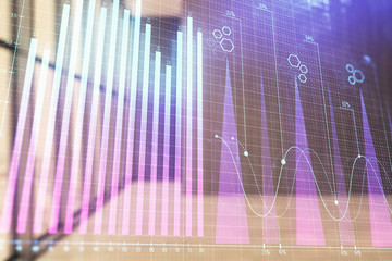 Double exposure of financial graph on empty room interior background. Forex market concept.