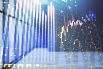 Double exposure of financial chart on empty room interior background. Forex market concept.