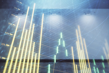 Double exposure of financial graph on empty room interior background. Forex market concept.