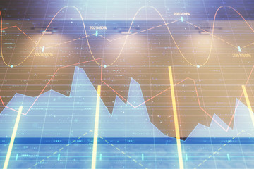 Double exposure of financial graph on empty room interior background. Forex market concept.