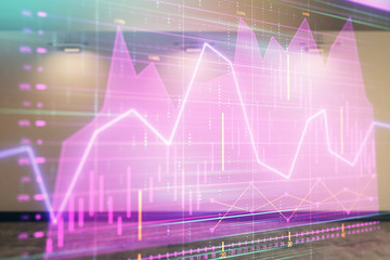 Double exposure of financial graph on empty room interior background. Forex market concept.