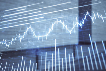 Double exposure of stock market graph on empty exterior background. Concept of analysis