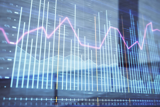 Double exposure of stock market graph on empty exterior background. Concept of analysis