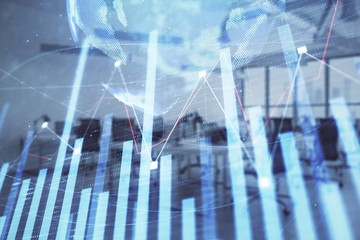 Stock and bond market graph and world map with trading desk bank office interior on background. Multi exposure. Concept of international finance