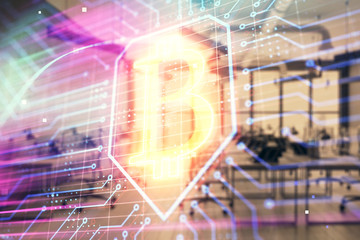 Cryptocurrency theme drawing with office interior background. Double exposure. Concept of blockchain.