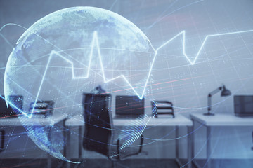 Stock and bond market graph and world map with trading desk bank office interior on background. Multi exposure. Concept of international finance