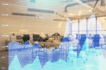 Stock and bond market graph with trading desk bank office interior on background. Multi exposure. Concept of financial analysis