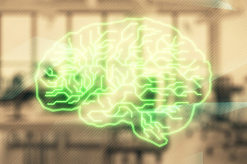 Human brain drawing with office interior on background. Double exposure. Concept of innovation.