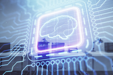 Human brain drawing with office interior on background. Double exposure. Concept of innovation.