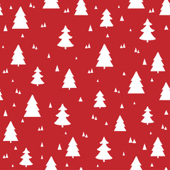 Obraz premium Scandinavian Christmas seamless pattern. Vector red background with white hand drawn Christmas trees