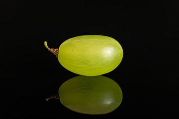 One whole fresh green grape isolated on black glass
