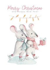 Cute funny cartoon christmas mouse christmas card. Watercolor hand drawn rat animal illustration. New Year 2020 holiday drawing. Isolated chinese symbol