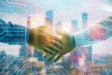 Double exposure of crypto economy theme drawing on cityscape background with handshake. Concept of partnership and blockchain