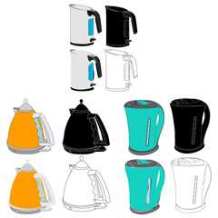 white background, set, collection of electric kettles