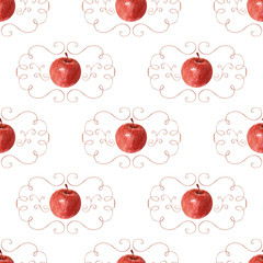 Background of watercolor drawing Apples, leaves and frame