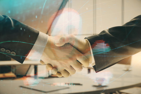 Double exposure of hacking theme hologram on office background with two men handshake. Concept of data security