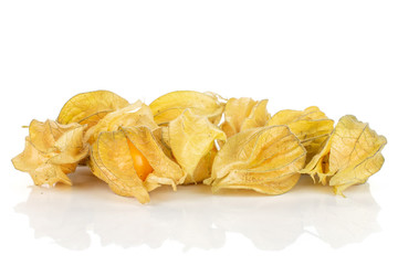Lot of whole fresh orange physalis isolated on white background