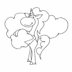 Coloring book for kids - holding a cloud in his hands. Black and white cute cartoon unicorns. Vector illustration.