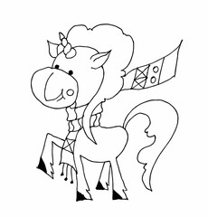 Coloring book for kids - walks in a scarf. Black and white cute cartoon unicorns. Vector illustration.