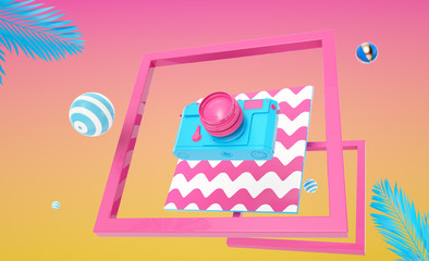 Levitation Objects Items 3d render illustration Summer beach accessories Trendy Abstract scene Geometric idea still life Pink and Orange background gradient with pink Frame Wave Pattern Photo camera