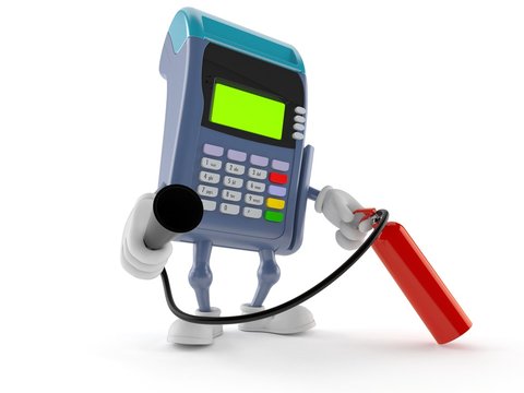 Credit card reader character holding fire extinguisher