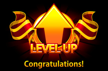 Level UP icon, game screen. Vector illustration with arrow and award ribbon. Casual Game. Can be used in mobile or web game. Objects on a separate layer.
