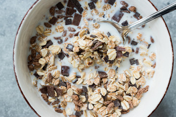 Muesli Granola with Bitter Chocolate Pieces in Milk.