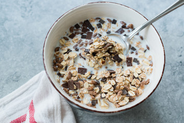 Muesli Granola with Bitter Chocolate Pieces in Milk.