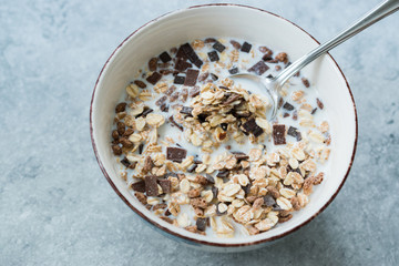 Muesli Granola with Bitter Chocolate Pieces in Milk.