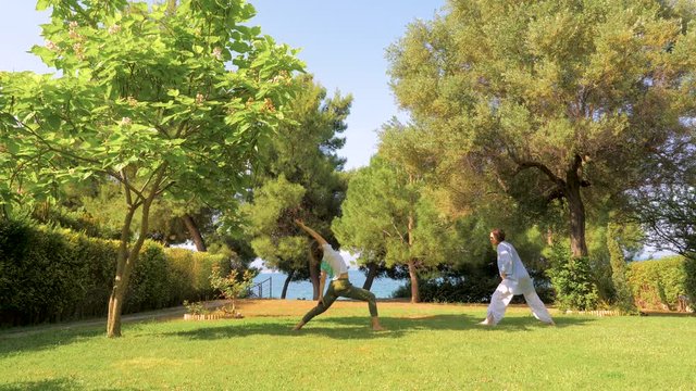 Two women doing yoga warrior pose. Slowing down the aging process by doing yoga. Healthy lifestyle. Strong body concept. Happiness concept. Happy mother with daughter spending time outdoor