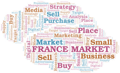 France Market word cloud. Vector made with text only.