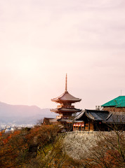 Kiyomizu dera at sunset, the most famous ancient Kyoto shrine.