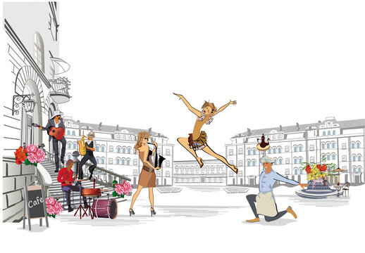 Series of retro street views with fashion people in the old city. Hand drawn vector architectural background with historic buildings. Street musicians.