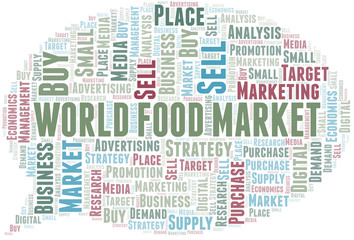 World Food Market word cloud. Vector made with text only.