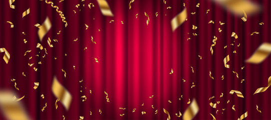 Spotlight on red curtain background and falling golden confetti. Vector illustration.