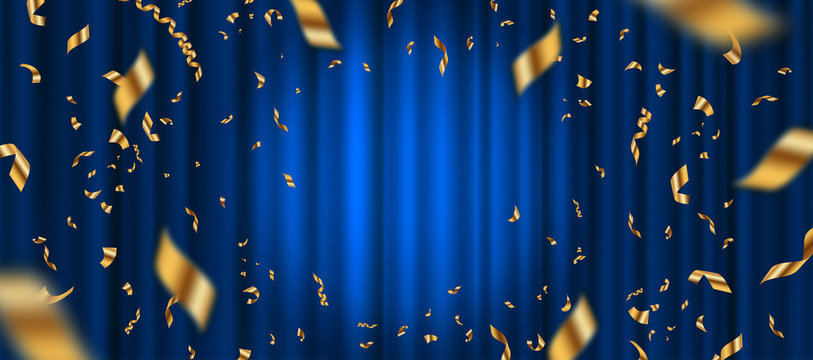 Spotlight on blue curtain background and falling golden confetti. Vector illustration.