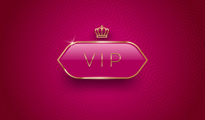 Obraz premium Vip glass label with golden crown and frame on a burgundy color pattern background. Premium design. Luxury template design. Vector illustration.