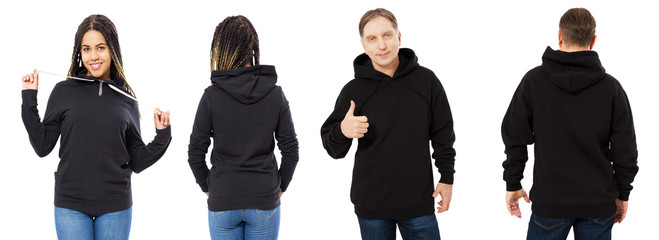 black girl in hoodie mockup, man in empty hood front and back view isolated over white, hoodie set female and male
