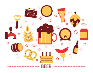 Beer concept. Glass bottle and mug with alcohol drink