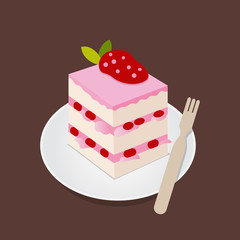 Strawberry cake witih fresh fruit toping flat design vector.