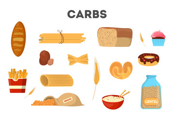 Set of carb food. Bread and other bakery, pasta