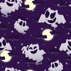 Vector seamless pattern for Halloween with funny ghosts, moon, sky and stars.