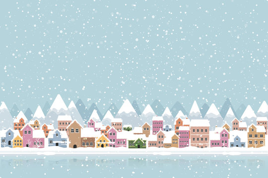 Winter town flat style with snow falling and mountain