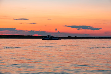 Sunset on the Amur river embankment in Khabarovsk, Russia.